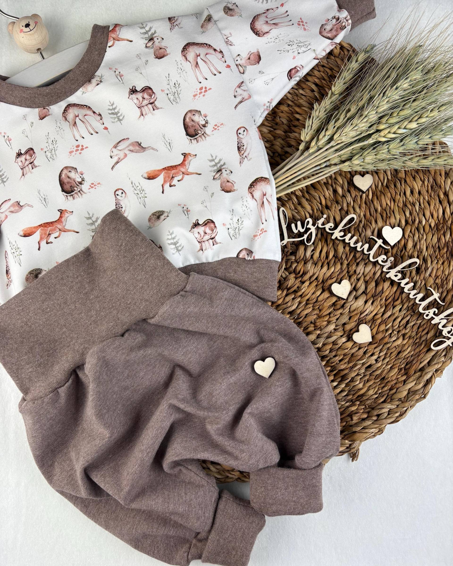 Baby Kinder Set Waldtiere Pumphose Sweater Sweatshirt Babyhose Mitwachshose Babyset Babygeschenk Geburt Genderneutral Jersey Gr.56-80 von LuzieKunterbuntshop