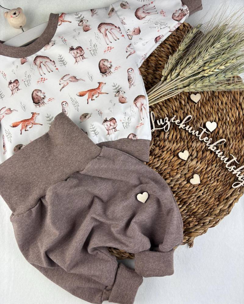 Baby Kinder Set Waldtiere Pumphose Sweater Sweatshirt Babyhose Mitwachshose Babyset Babygeschenk Geburt Genderneutral Jersey Gr.56-80 von LuzieKunterbuntshop