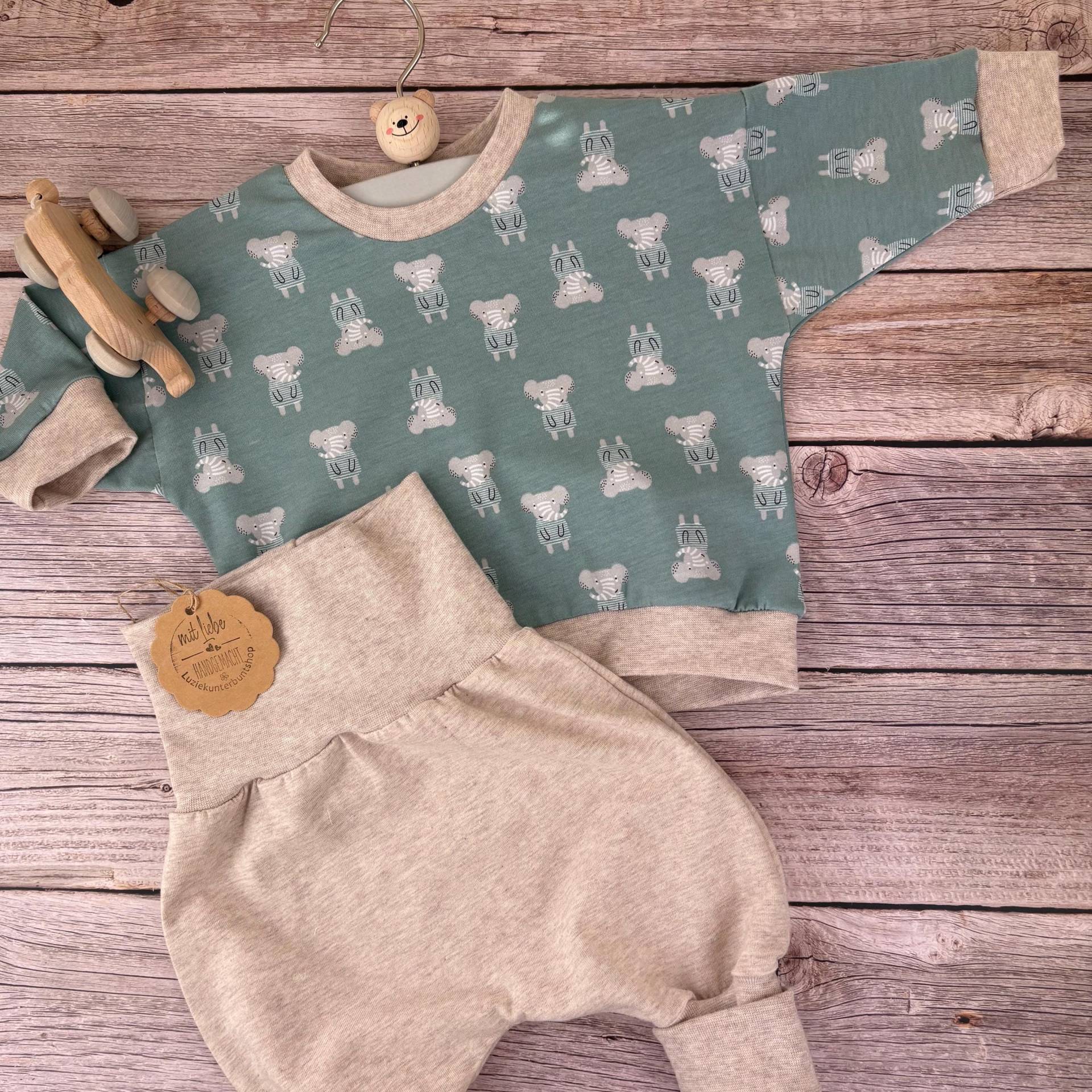 Baby Kinder Setelefanten Pumphose Sweater Sweatshirt Babyhose Mitwachshose Babyset Babygeschenk Geburt Genderneutral Jersey Gr.56-80 von LuzieKunterbuntshop
