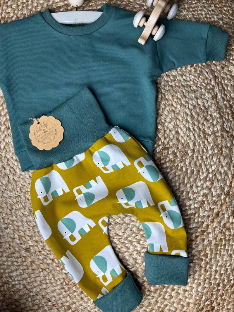 Baby Kinder Set Pumphose Elefanten Sweater Sweatshirt French Terry Babyhose Babyshirt Mitwachshose Babygeschenk Geburt Geburtstag von LuzieKunterbuntshop