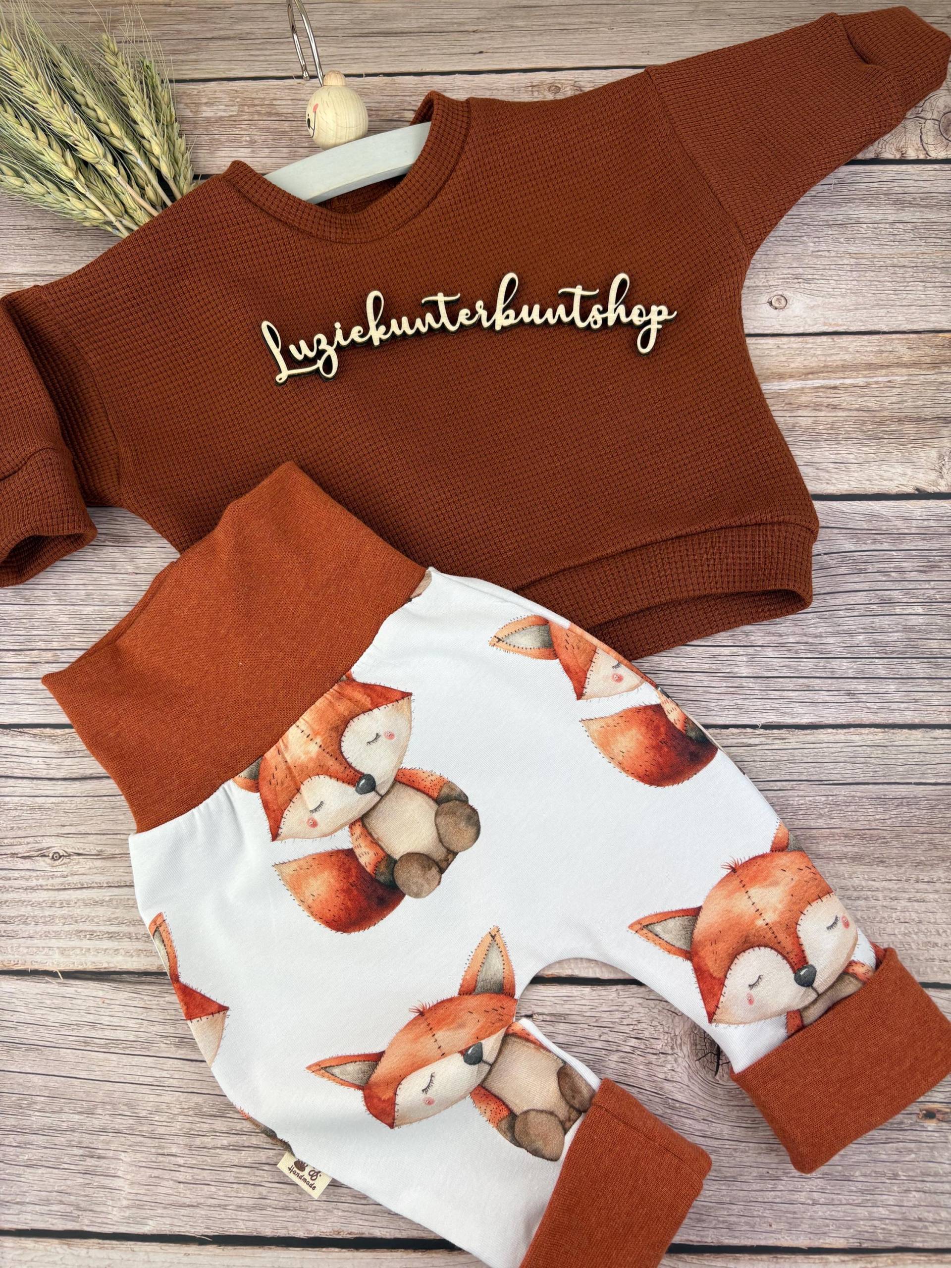 Baby Pumphose Set Füchse Waldtiere Waffeljersey Sweater Sweatshirt Babyhose Babyshirt Mitwachshose Babyset Kinder Babygeschenk Geburt von LuzieKunterbuntshop