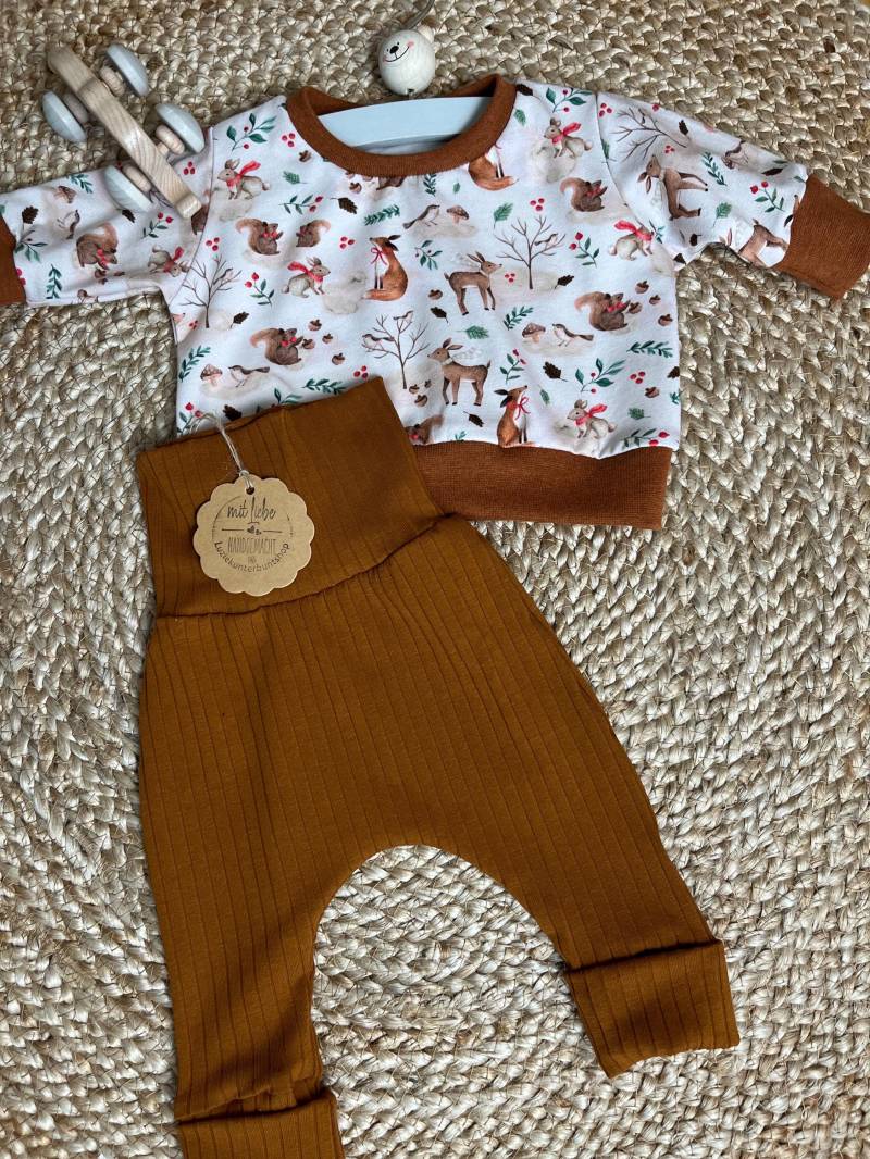Baby Pumphose Set Waldtiere Ripp-Jersey Sweater Sweatshirt Babyhose Babyshirt Mitwachshose Babyset Kinder Babygeschenk Geburt Geburtstag von LuzieKunterbuntshop