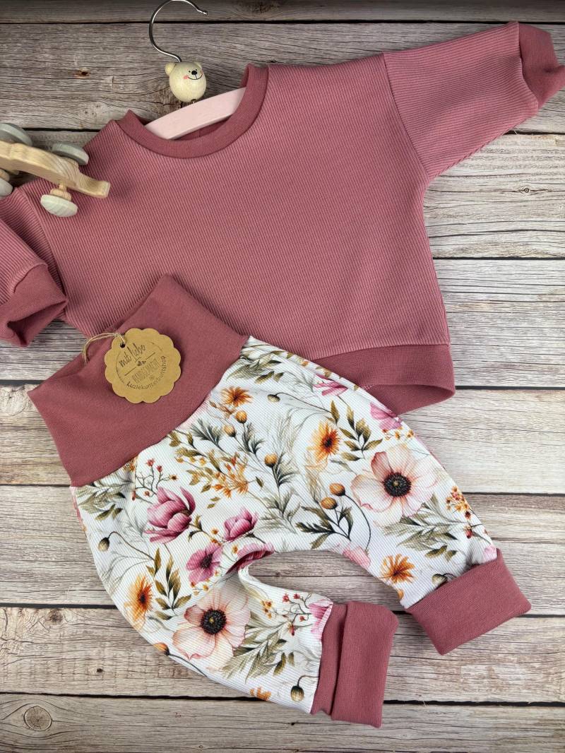 Baby Set Pumphose Blumen Rippjersey Sweater Sweatshirt Babyhose Mitwachshose Babyset Shirt Hose Babygeschenk Geburt Geburtstag von LuzieKunterbuntshop