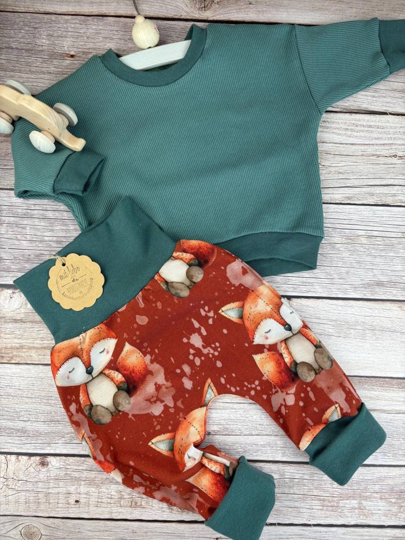 Baby Set Pumphose Füchse Rippjersey Sweater Sweatshirt Babyhose Mitwachshose Babyset Shirt Hose Babygeschenk Geburt Geburtstag von LuzieKunterbuntshop