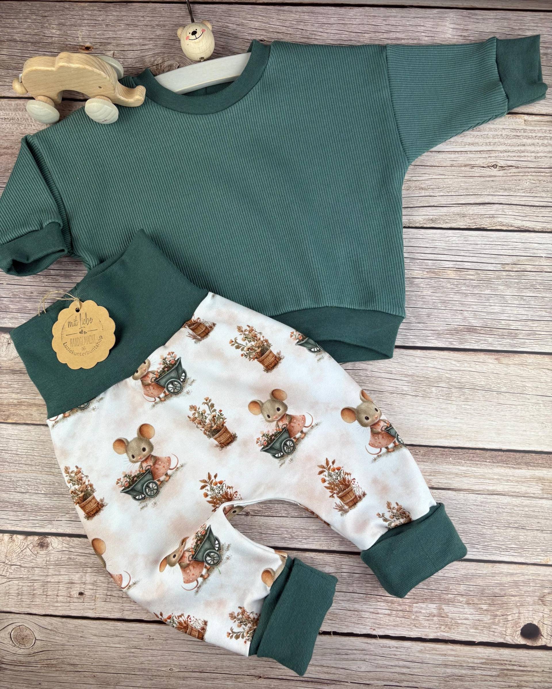 Baby Set Pumphose Mäuschen Rippjersey Sweater Sweatshirt Babyhose Mitwachshose Babyset Shirt Hose Babygeschenk Geburt Geburtstag von LuzieKunterbuntshop