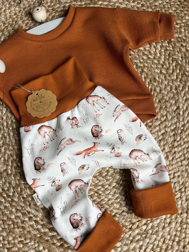 Baby Set Pumphose Waldtiere Waffeljersey Sweater Sweatshirt Babyhose Babyshirt Babyset Kinder Babygeschenk Geburt Geburtstag Versch.größen von LuzieKunterbuntshop