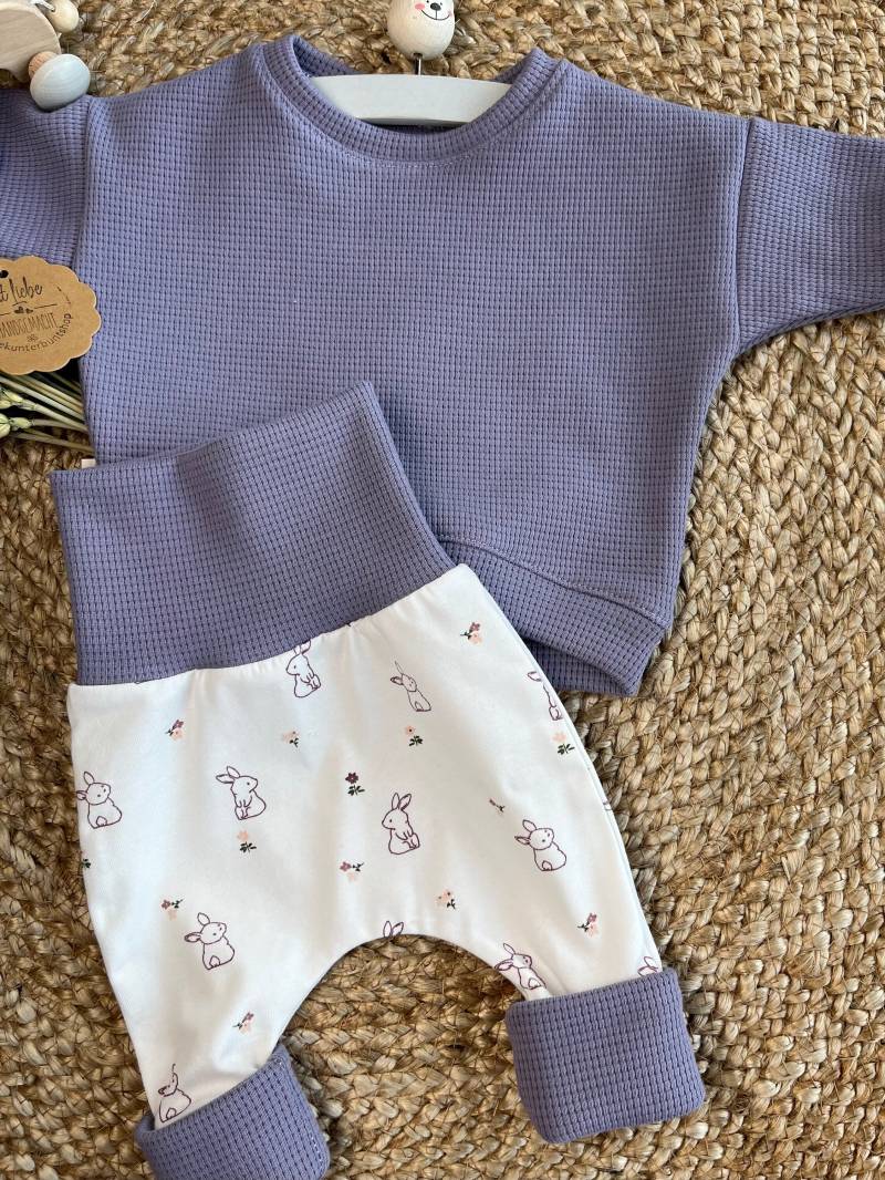 Pumphose Baby Set Waffeljersey Sweater Sweatshirt Babyhose Hasen Babyshirt Babyset Kinder Babygeschenk Geburt Geburtstag Versch.größen von LuzieKunterbuntshop