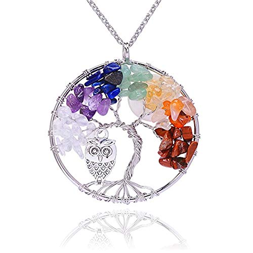 Lv.unique Baum des Lebens Anhänger Halskette Kupfer Chakra Edelstein Amethyst Anhänger Halskette Einstellbar Lange Kette Y Halskette Frauen Halskette (White + owl) von Lv.unique