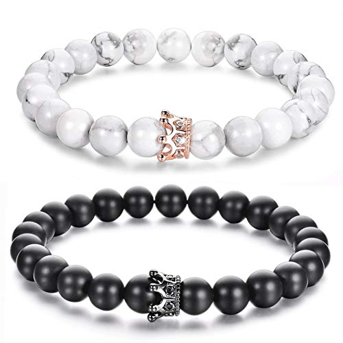 Lv.unique Paar Armband Naturstein Perlen Armband Armband mit CZ Krone und Königin Partner Armband schwarz matt Achat Weiß Howlith 8 mm Perlen Armband (Black + White) von Lv.unique