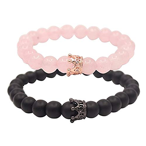 Lv.unique Paar Armband Naturstein Perlen Armband Armband mit CZ Krone und Königin Partner Armband schwarz matt Achat Weiß Howlith 8 mm Perlen Armband (Black + pink) von Lv.unique