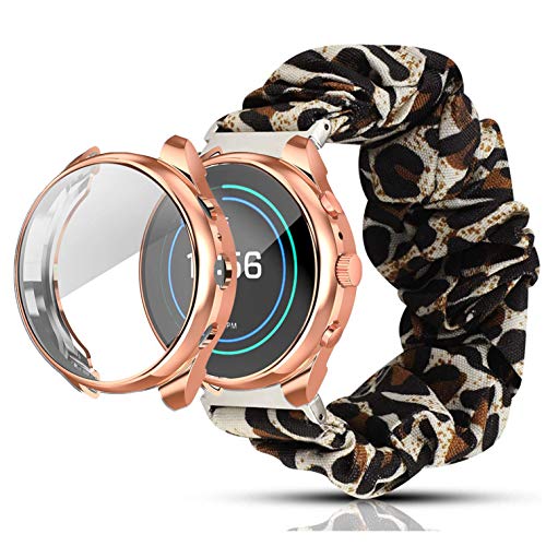 LvBu Armband Kompatibel mit Fossil Damen Sport 41mm, weiche Haargummis Uhrenarmband für Fossil Damen Sport 41mm Smartwatch (Leopard Armband+Roségold Hülle) von LvBu