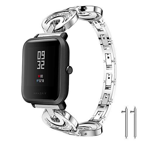 LvBu Damen Edelstahl Bracelet Kompatibel für Xiaomi Amazfit Bip Band, Kristall Rhinestone Diamant Uhrenarmband für Xiaomi Huami Amazfit Bip Younth Watch/Amazfit Bip Lite Smart Watch (Silber) von LvBu