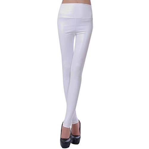 LvRao Damen Elastisch Kunstleder Leggings Skinny Leggins PU Leder Hose Glänzend Wetlook Pants # Weiß L von LVRAO