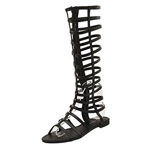 LvRao Damen Gladiator Römisch Sandalen Knie Stiefel Flache Sommer Strand Schuhe (Schwarz, EU 39) von LvRao