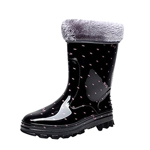 LvRao Damen Hohen Absätzen Lange Stiefel Gummistiefel wasserdichte Regen Schuhe Hoch Knöchel Boots Langschaft Stiefel Rosa Mit Pelz 38 von LvRao