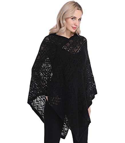 LvRao Damen Lässiger Strick Poncho Top Strand Cover-Ups Pullover mit Fransensaum, V-Ausschnitt und Muster (Schwarz, Eine Größe) von LVRAO
