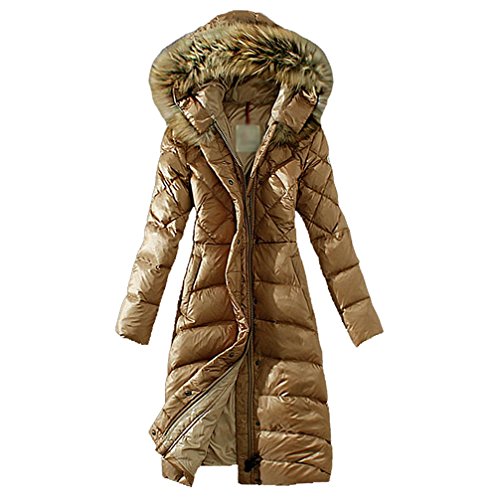 LvRao Damen Lang Daunenmantel Warme Winterjacke mit Fellkapuze Daunen Wintermantel Steppmantel Parka (#1 Khaki, Asien S) von LvRao