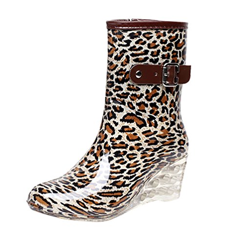 LvRao Frauen Absatzschuhe Stiefel mit Reißverschluss wasserdichte Gartenschuhe | Damen Punkt-Muster Regen Boots Wellies Gummistiefeln Leopard Etikett 38, EU 38 von LvRao