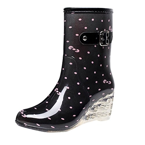 LvRao Frauen Absatzschuhe Stiefel mit Reißverschluss wasserdichte Gartenschuhe | Damen Punkt-Muster Regen Boots Wellies Gummistiefeln Schwarz Rosa Etikett 36, EU 36 von LvRao