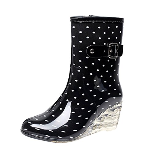 LvRao Frauen Absatzschuhe Stiefel mit Reißverschluss wasserdichte Gartenschuhe | Damen Punkt-Muster Regen Boots Wellies Gummistiefeln Schwarz-Weiss Etikett 38, EU 38 von LvRao