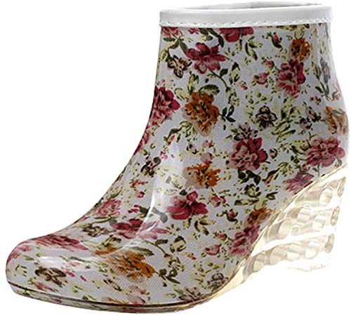 LvRao Frauen Stiefeletten Lederstiefel mit Hohen Absätzen Gummistiefeln wasserdichte Gartenschuhe Regen Boots Knöchel Stiefel Blume Etikett 36, EU 36 von LvRao