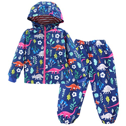 LvRao Kinder Mädchen Regenjacke mit Kapuze Regenhose 2pcs Bekleidungsset Tierdruck Blumen Regenbekleidung (Marine Gedruckt, 140) von LvRao