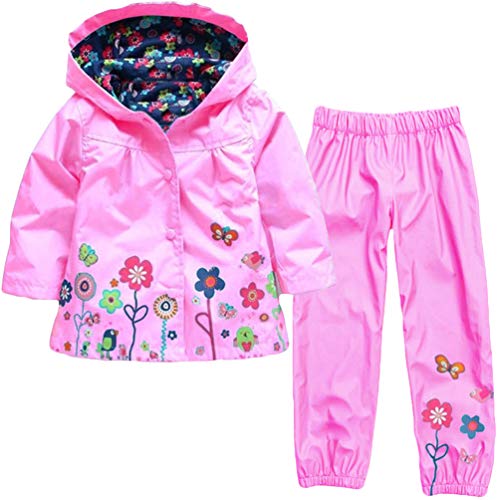 LvRao Kinder Mädchen Regenjacke mit Kapuze Regenhose 2pcs Bekleidungsset Tierdruck Blumen Regenbekleidung (Pink, 130) von LvRao
