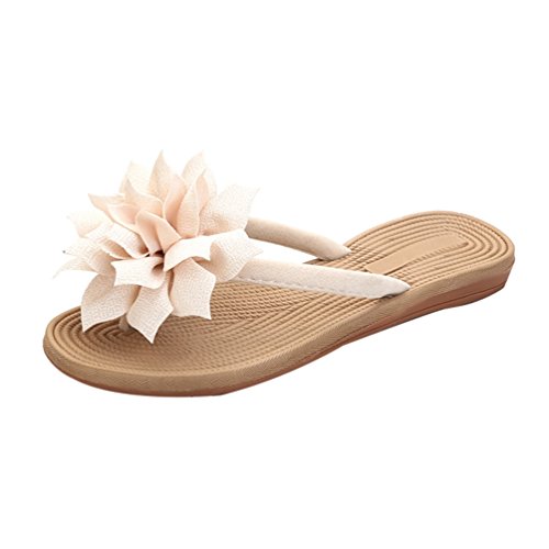 LvRaoo Frauen Blumen Flip Flops Zehentrenner Böhmen Flach Thong Sandalen Strandschuhe Slippers (Beige, CN 41) von LvRaoo