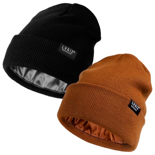 2 Stück Satin gefütterte Beanie-Mützen für Herren und Damen, Winter, warm, gestrickt, mit Seide gefüttert, lässiger Totenkopf-Kappe, Schwarz / Braun, Einheitsgr��e von Lvaiz Hats