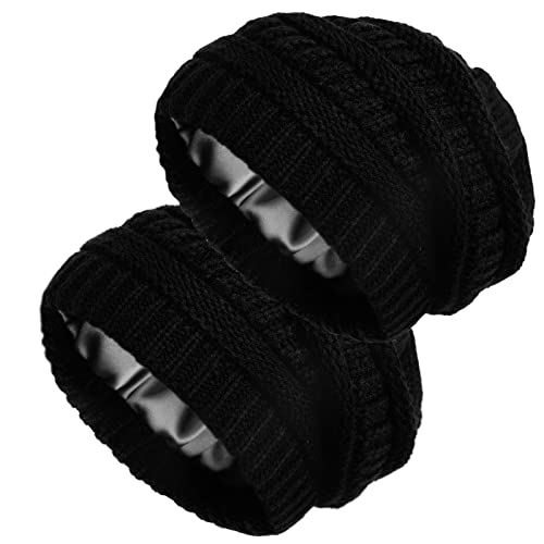 2er-Pack Satin gefütterte Strickmütze für Frauen Winter warme Stretch Slouch Cable Beanie mit Satin-Seidenfutter, schwarz/schwarz, Einheitsgr��e von Lvaiz Hats