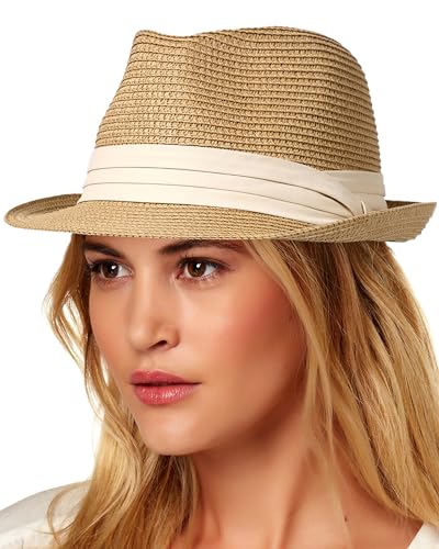 Damen Strohhut kurze Krempe Panama Fedora Strand Sonne Trilby Hut für Urlaub Herren Roll-up Sommerhut, A01-Khaki L, Einheitsgröße von Lvaiz