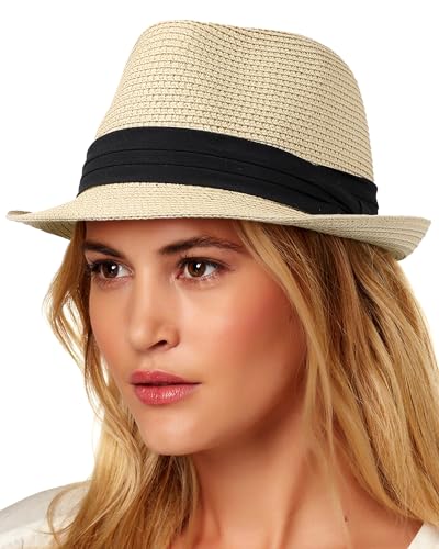 Damen Strohhut mit kurzer Krempe, Panama, Fedora, Strand, Sonne, Trilby-Hut für Urlaub, Herren, aufrollbar, Sommerhut, Beige L, Einheitsgröße von Lvaiz