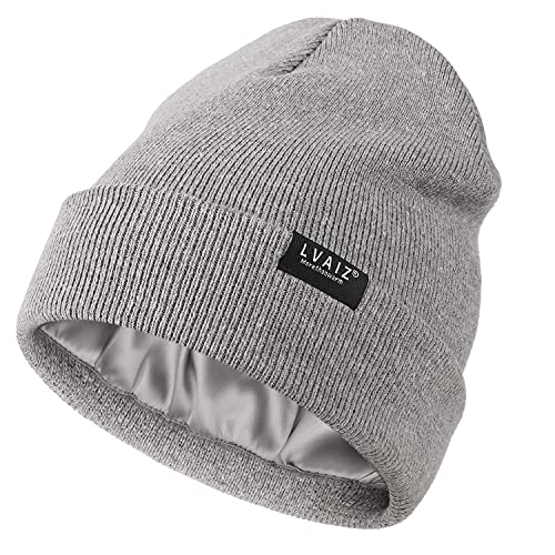 Satin gefütterte Wintermütze für Damen, Strickmütze mit Seidenfutter, Unisex, solide Totenkopfmütze, Hellgrau, Einheitsgröße von Lvaiz