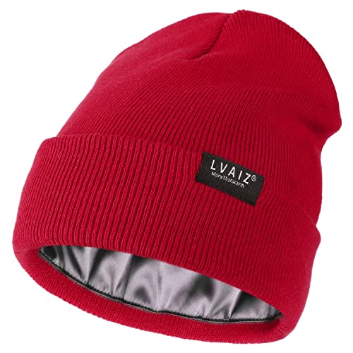 Satin gefütterte Winter Beanie Hüte für Frauen Strickuhr Hut mit Seide Futter Unisex Solide Schädel Kappe, Weinrot, Einheitsgröße von Lvaiz