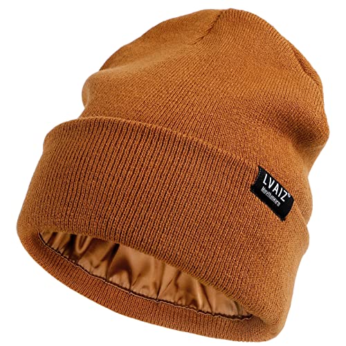 Satin gefütterte Wintermütze für Damen, Strickmütze mit Seidenfutter, Unisex, solide Totenkopfmütze, Braun, Einheitsgröße von Lvaiz