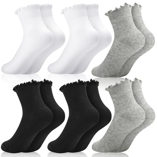 Lvefyti 6 Paar Rüschen Socken Damen Baumwollsocken Weiche Bequeme Atmungsaktive Strick Elegante Prinzessin Socken Knöchelsocken für Damen Mädchen Frauen(Schwarz&Weiß&Grau) von Lvefyti