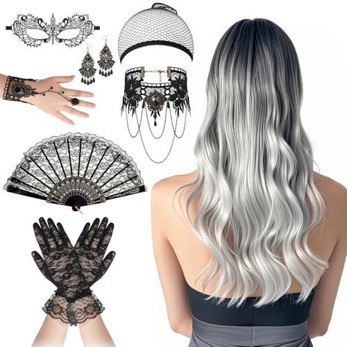 Lvefyti 10 Stück Cosplay Kostüm Set Ombre Silber Grau Lang Lockig Perücke Halskette Ohrring Handschuhe Spitze Maske Fächer Armbänder Haarband Strümpfe für Halloween Weihnachten Cosplay Mottoparty von Lvefyti