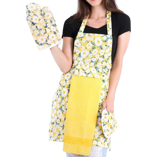 Lverdy Küchenschürze Kochenschürze, Grillschürze BBQ Schürze Set, Vierteiliges Set (Schürze, Handtuch, Ofenhandschuh und Topflappen) Model Tulipa (Gelb) von Lverdy