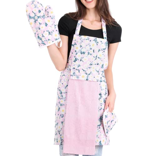 Lverdy Küchenschürze Kochenschürze, Grillschürze BBQ Schürze Set, Vierteiliges Set (Schürze, Handtuch, Ofenhandschuh und Topflappen) Model Tulipa (Rosa) von Lverdy