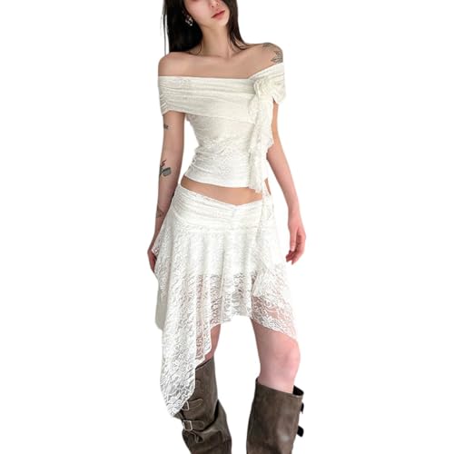 Lvguang Damen 2-Teiler Spitzen-Set Schulterfreies Crop Top und Asymmetrischer Rock Weiß Sommer Outfit Boho Strand Party Kleid Lvguang Damen 2-Teiler Spitzen-Set Schulterfreies Crop Top und Asymmetrischer Rock Weiß Sommer Outfit Boho Strand Party Kleid von Lvguang