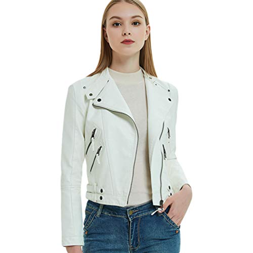 Lvguang Damen Kunstleder Jacke Kurz Motorradjacke Ladies Schlank Oberbekleidung Lederjacke Outwear (Weiß, Asia M) von Lvguang