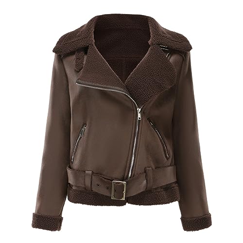 Lvguang Damen Kunstlederjacke Winterjacke Mit Gürtel Wildlederimitat Mantel Asymmetrischer Reißverschluss Schlanke Lederjacke Kurz Leicht Vegan Lederjacke (Braun,L) von Lvguang