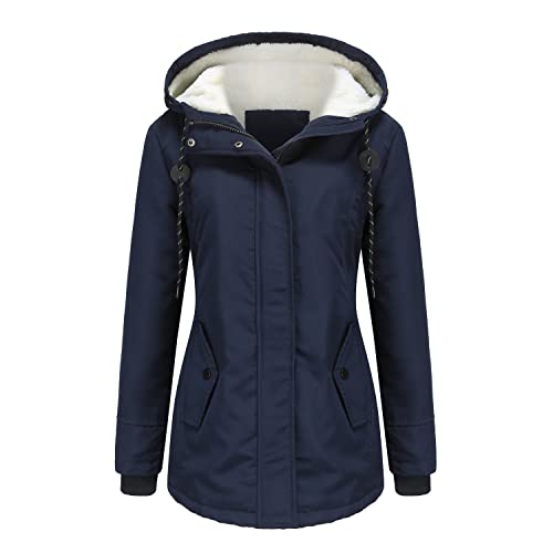Lvguang Damen Parka Mittellang Outdoor Jacken mit Kapuze Reißverschluss Warm Fleece Gefütterter Warme Damenmantel Winter Draussen Gepolstert Jacke (Intense Blau,M) von Lvguang