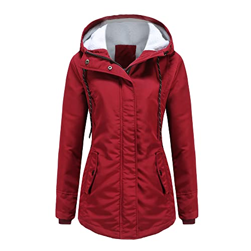 Lvguang Damen Parka Mittellang Outdoor Jacken mit Kapuze Reißverschluss Warm Fleece Gefütterter Warme Damenmantel Winter Draussen Gepolstert Jacke (Jujube Rot,M) von Lvguang