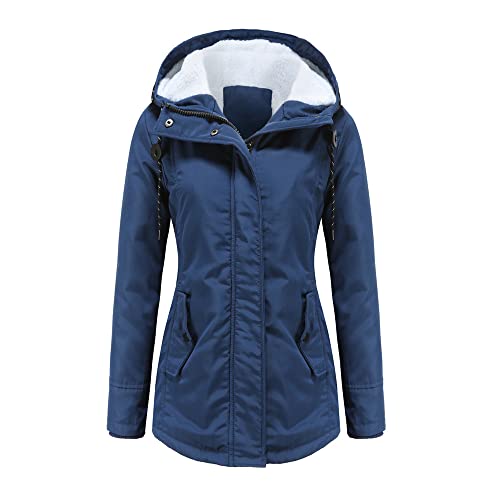 Lvguang Damen Parka Mittellang Outdoor Jacken mit Kapuze Reißverschluss Warm Fleece Gefütterter Warme Damenmantel Winter Draussen Gepolstert Jacke (Marine Blau,2XL) von Lvguang