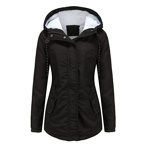 Lvguang Damen Parka Mittellang Outdoor Jacken mit Kapuze Reißverschluss Warm Fleece Gefütterter Warme Damenmantel Winter Draussen Gepolstert Jacke (Schwarz,L) von Lvguang