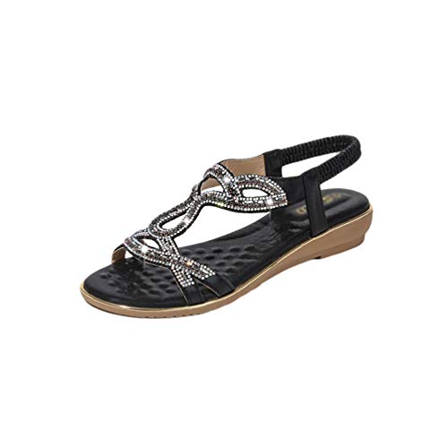 Lvguang Damen Sandalen Casual Glitzer Sommerschuhe Bohemia Strass Sandalen Zehentrenner mit Keilabsatz (Schwarz, 41EU) von Lvguang