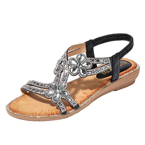 Lvguang Damen Sandalen Strand Sommer Flache Schuhe Bohemian Strass Sandaletten Frau Geschenk (Schwarz, 40 EU) von Lvguang