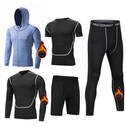 Lvguang Herren 5 Stücke Sportanzug-Set Schnelltrocknend Atmungsaktiv Fitness Strumpfhosen Leichter Reißverschluss Weich Joggen Kleidung Winterausrüstung Verdicken Sport Anzug (Blau,2XL) von Lvguang