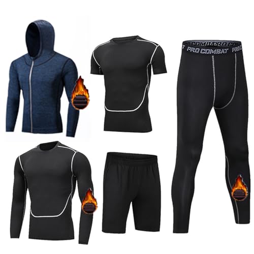 Lvguang Herren 5 Stücke Sportanzug-Set Schnelltrocknend Atmungsaktiv Fitness Strumpfhosen Leichter Reißverschluss Weich Joggen Kleidung Winterausrüstung Verdicken Sport Anzug (Navy Blau,XL) von Lvguang